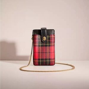 Coach Turnlock Chain Phone Crossbody with Plaid Print(Black, Red, and Gold)